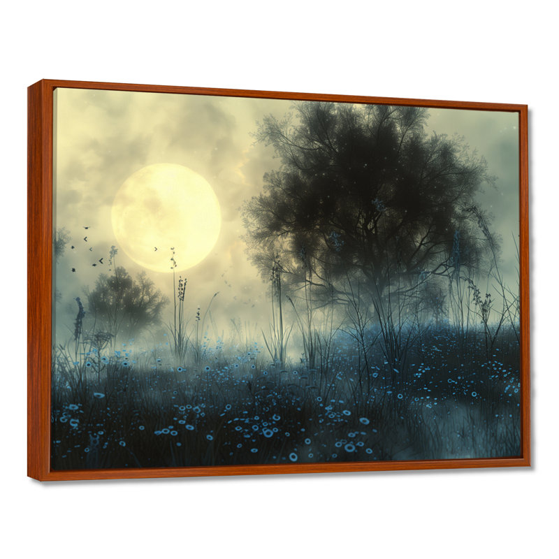 Hiver gris, arbre de lune blanc II - art mural fées, Toile avec cadre flottant brun, H 30 po x l 40 po x P 1,5 po