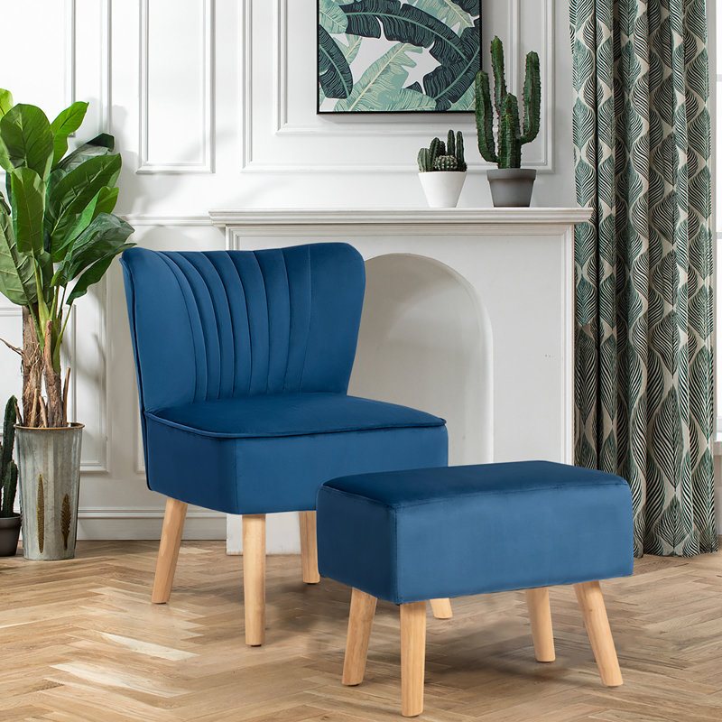 Ferndale Velvet Slipper Chair with Ottoman, Blue