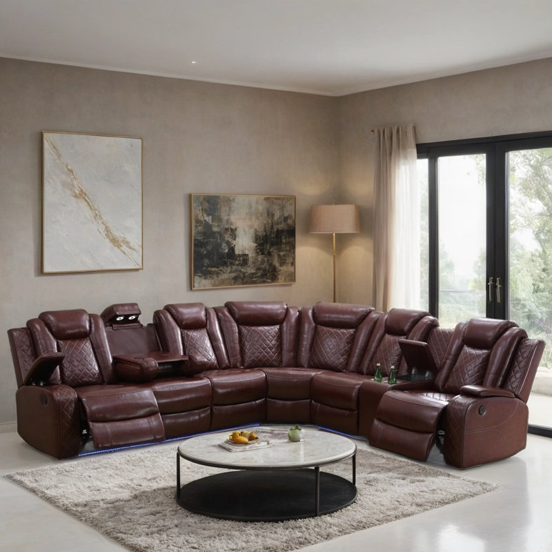 3-Piece Upholstered Power Reclining Living Room Sectional Sofa Set, Burgundy