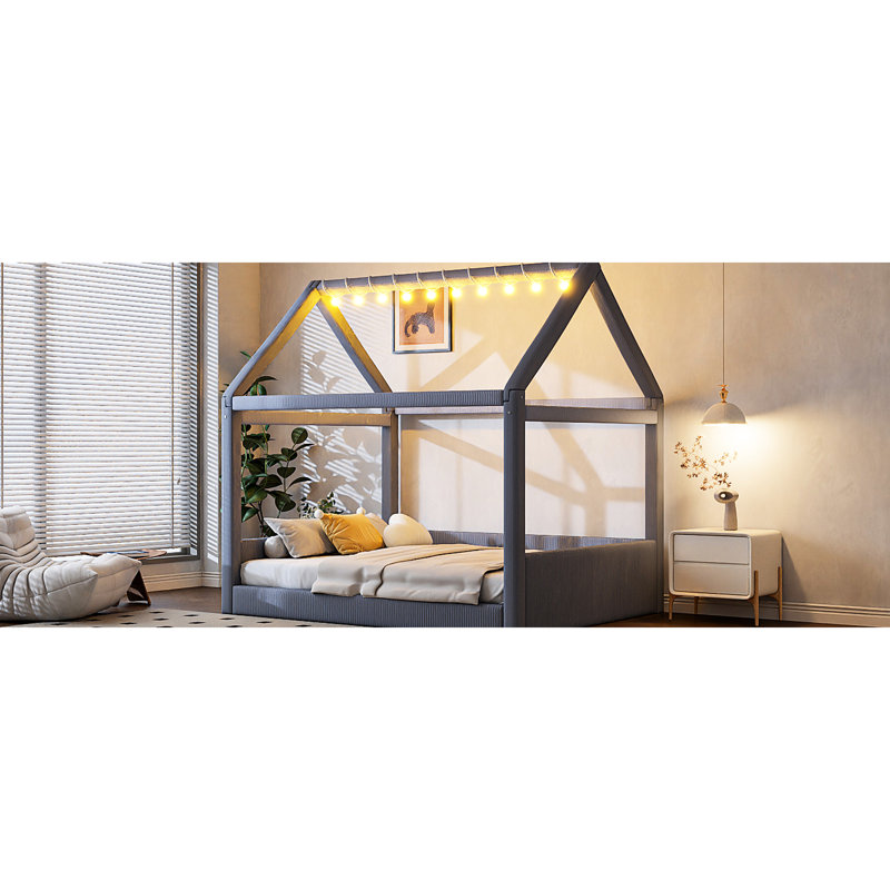 Grey Full Size Upholstered House Daybed With Led Strips, Cute - Inspired Look, Stable Solid Wood Frame, 2 Color Touchable Led, Soft Corduroy Fabric Featuring