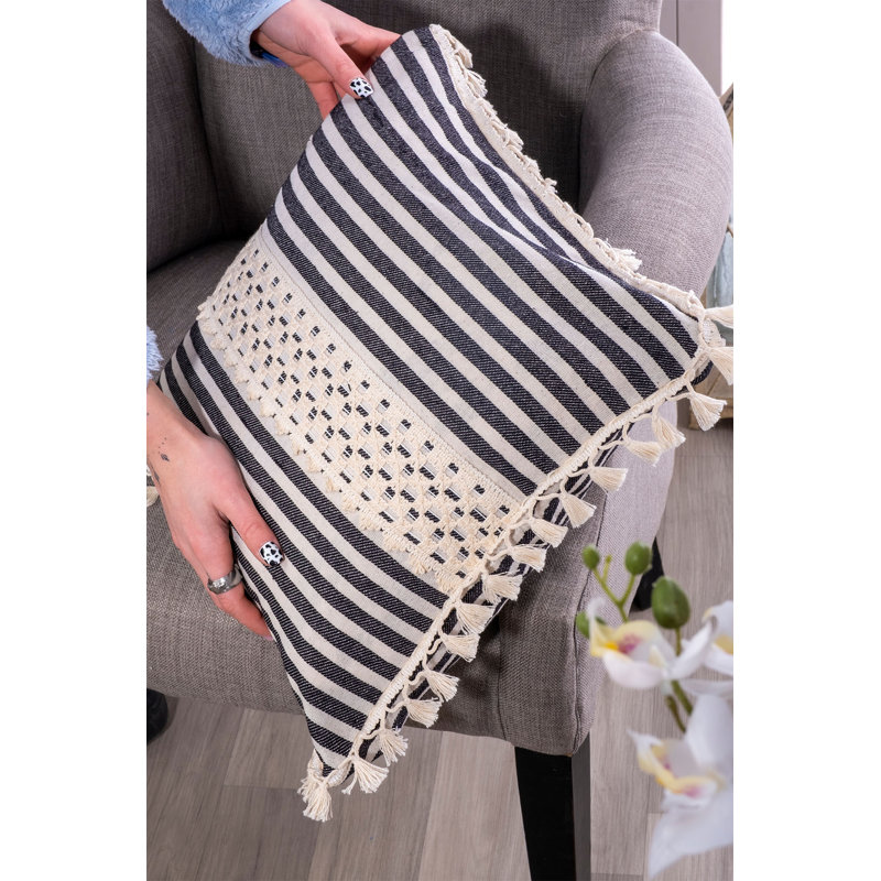 Arum Striped White Square Cushion Cover, Black