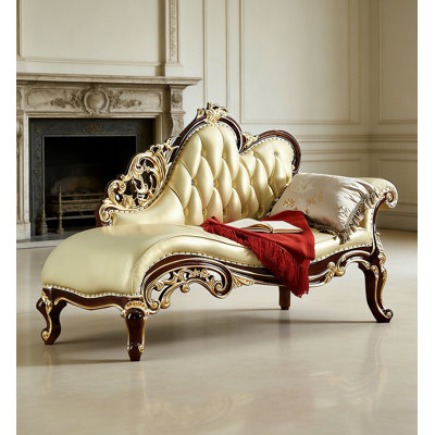 Chaise longue de style européen en bois massif sculpté et en cuir, pour chambre et salon