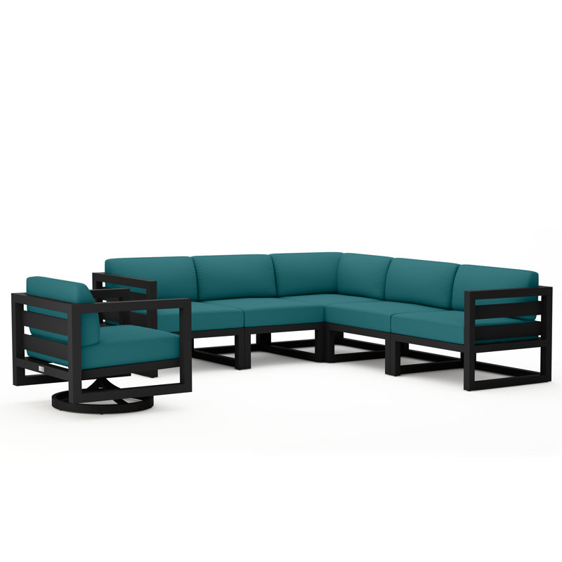 Avion 6 Piece Sectional Set With Swivel, Black, Spectrum Peacock Sunbrella® Plainweave