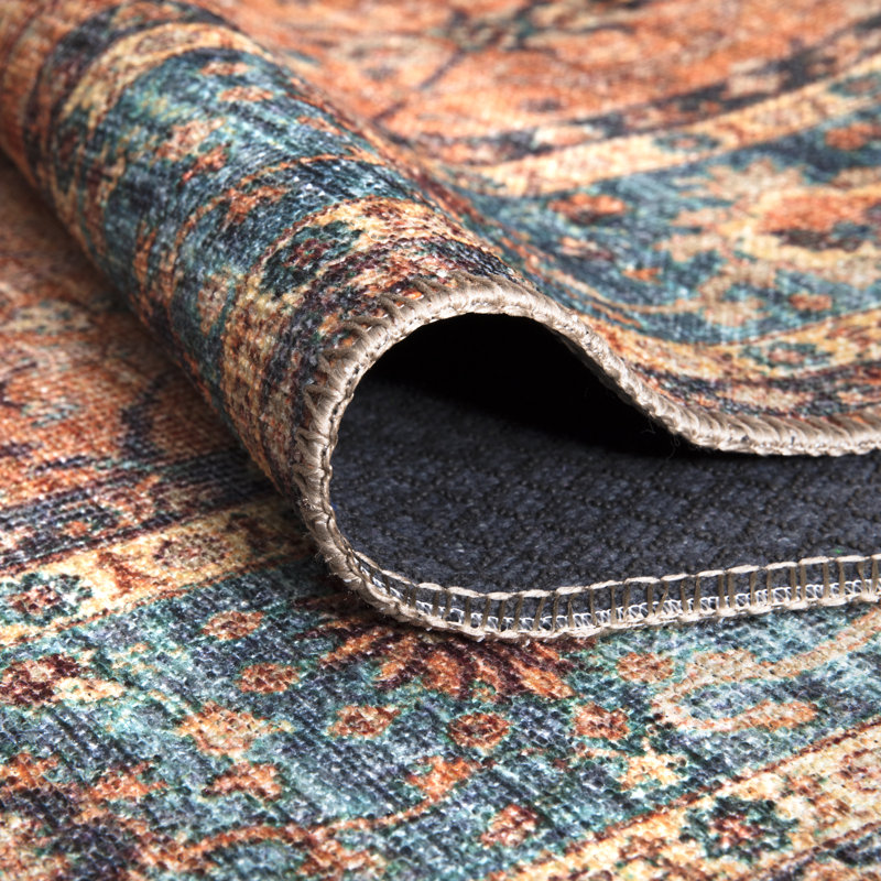  Tapis lavable antidérapant - Tapis de bordure traditionnel orange / bleu sarcelle pour vestibule, couloir, salle de bain et cuisine