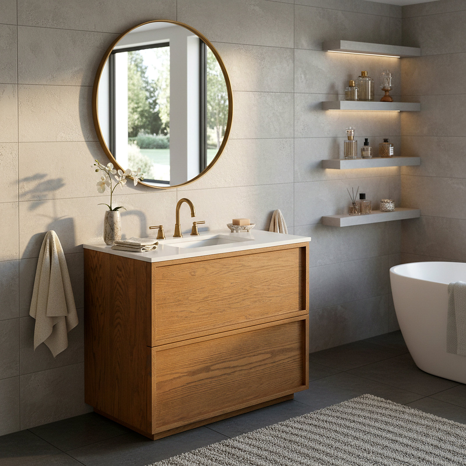 Hudson 36" Genuine Marble Single Bathroom Vanity, Medium Oak