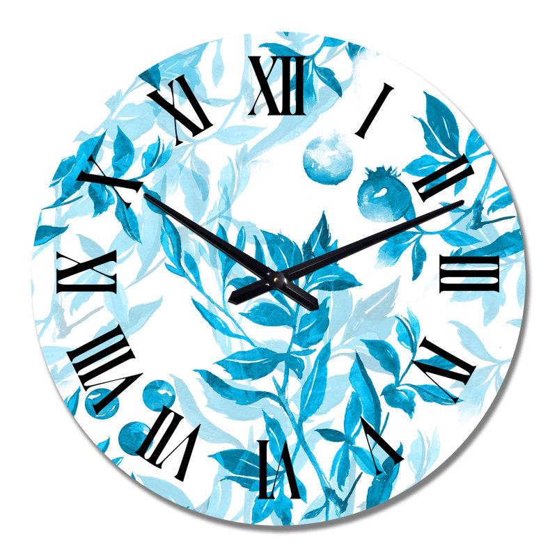 Horloge murale à motif feuilles et baies turquoise sur blanc, Moyen