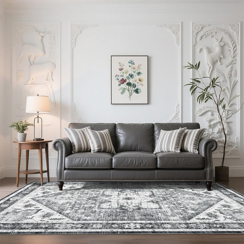 Machine Washable 5x7 Ft Vintage Boho Floral Rug, Non-Slip, Low Pile for Living Room/Bedroom/Entryway/Dining Room/Office 