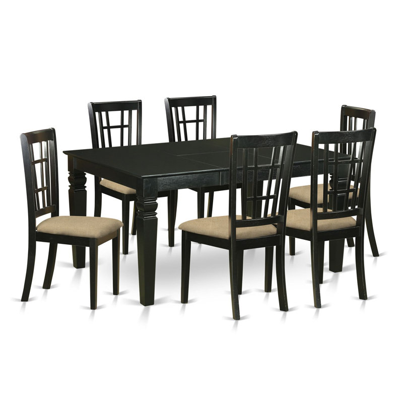Ensemble de salle à manger 7 pièces composé d'une table de salle à manger rectangulaire avec rallonge papillon et 6 chaises de cuisine en tissu de lin, noir