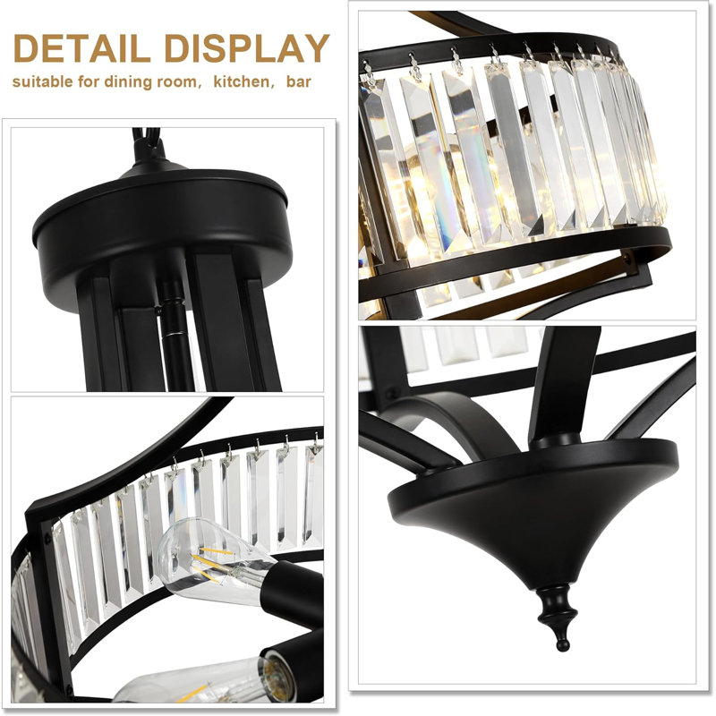 Lustre en cristal de style campagne moderne, luminaire suspendu noir à 5 lumières avec hauteur réglable et fonction à intensité variable pour la salle à manger, le salon, l'îlot de cuisine