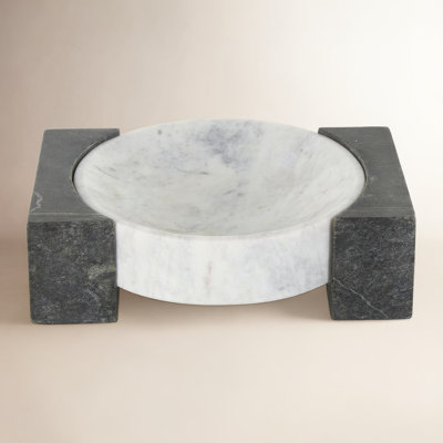 Alexy And Grey Marble Round Geometric Tray With Black Rectangular Blocks