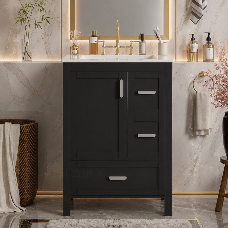 Meuble-lavabo moderne de 61 cm (24 pouces) avec lavabo en céramique, porte à fermeture douce, tablette double couche et 3 tiroirs.