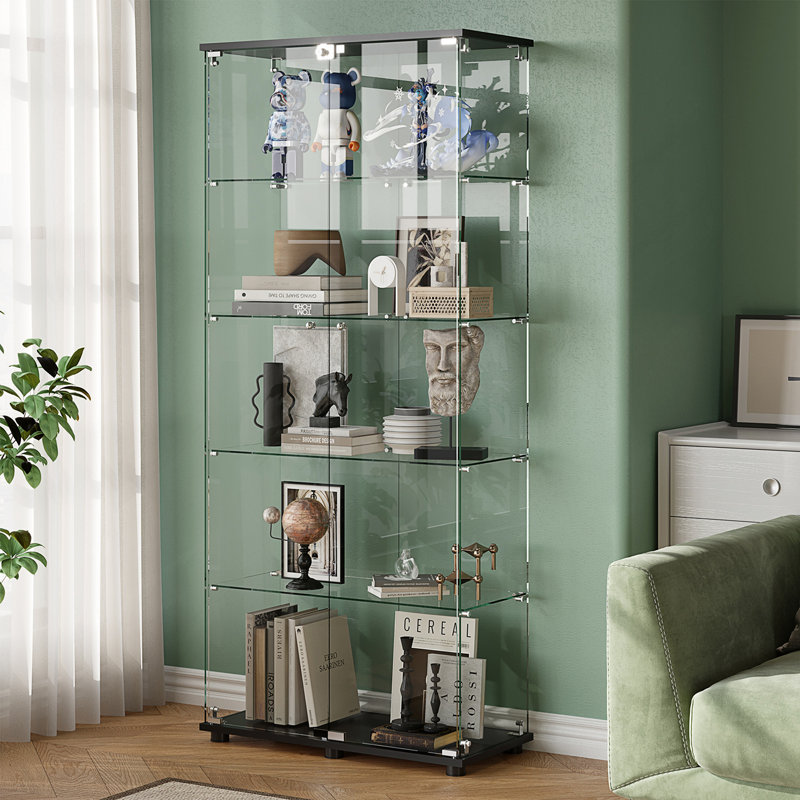 Vitrine en verre avec portes doubles à 5 tablettes et serrure, bibliothèque sur pied en verre trempé de 5 mm