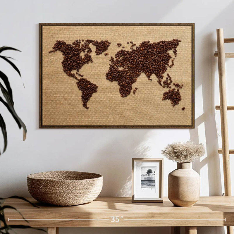 Monde du café, 25 po x 17 po, Cadre flottant noyer