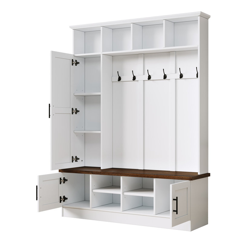 3-In-1 Hall Tree With 6 Hooks,  Storage Bench  Multiple Storage Space, White