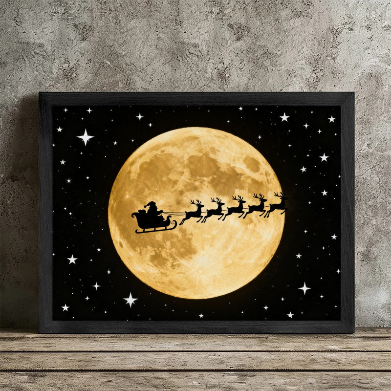 Art mural noir en forme de traîneau de père Noël moderne, impression de scène de nuit au clair de lune encadrée