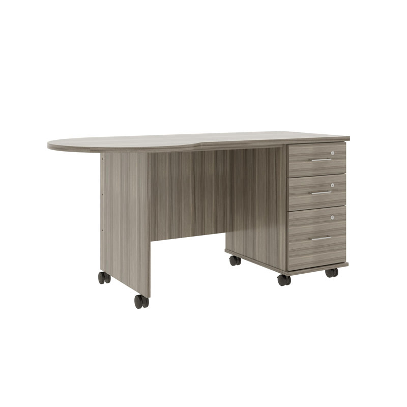 Bureau mobile avec plateau de péninsule et tiroirs de rangement verrouillables - poste de travail roulant, Orme ombré