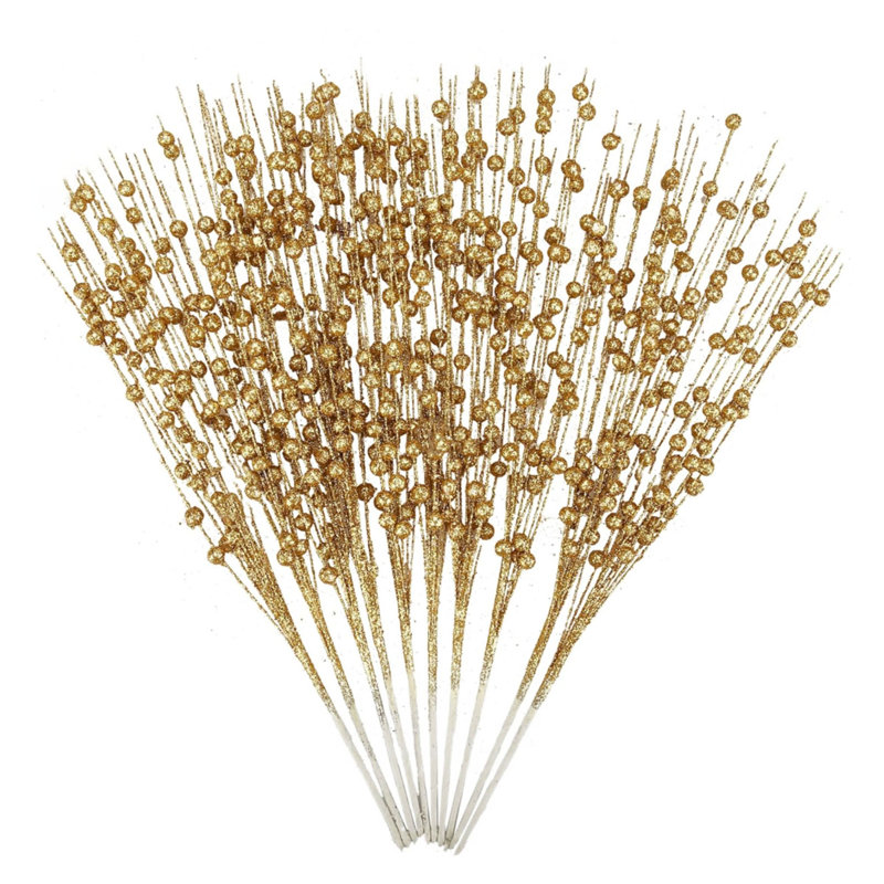 10 pièces de décorations d'arbre de Noël en forme de baies artificielles scintillantes pour vase, 15,7 po, Doré