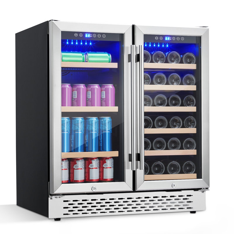 Réfrigérateur à vin et à boissons à deux zones de 30 pouces avec porte vitrée pouvant contenir 28 bouteilles et 80 canettes, tablettes réglables et commandes numériques