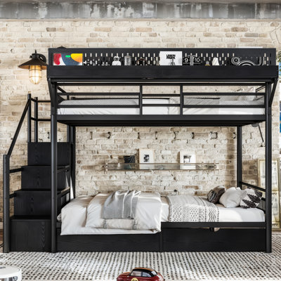 Lit superposé pleine grandeur en métal robuste avec lumières DEL, tiroirs en tissu non tissé et support de rangement pour adolescents, noir