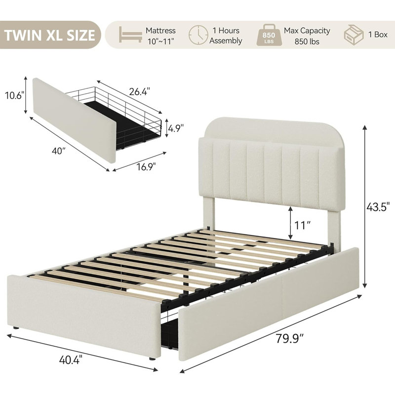 Structure de lit avec tête de lit bibliothèque et 2 tiroirs, lit plateforme tapissier Boucle pour garçon, Beige