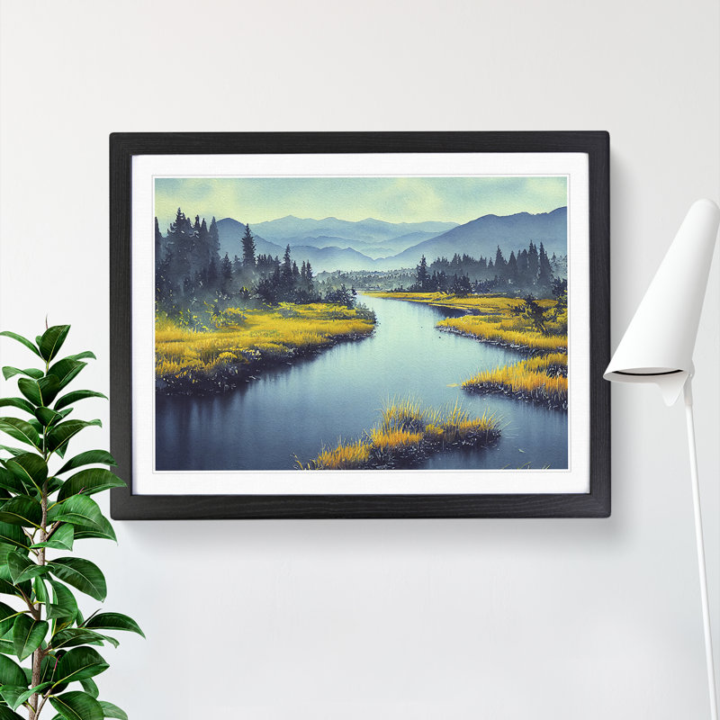 XH1022-7488X River To The Mountains - Single Picture Frame Painting, 34cm H x 46cm W x 2cm D, Black 