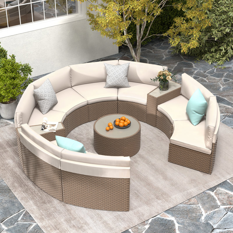 Ensemble de conversation 11 pièces pour 8 personnes avec coussins et coussin décoratif, Structure beige / coussin beige
