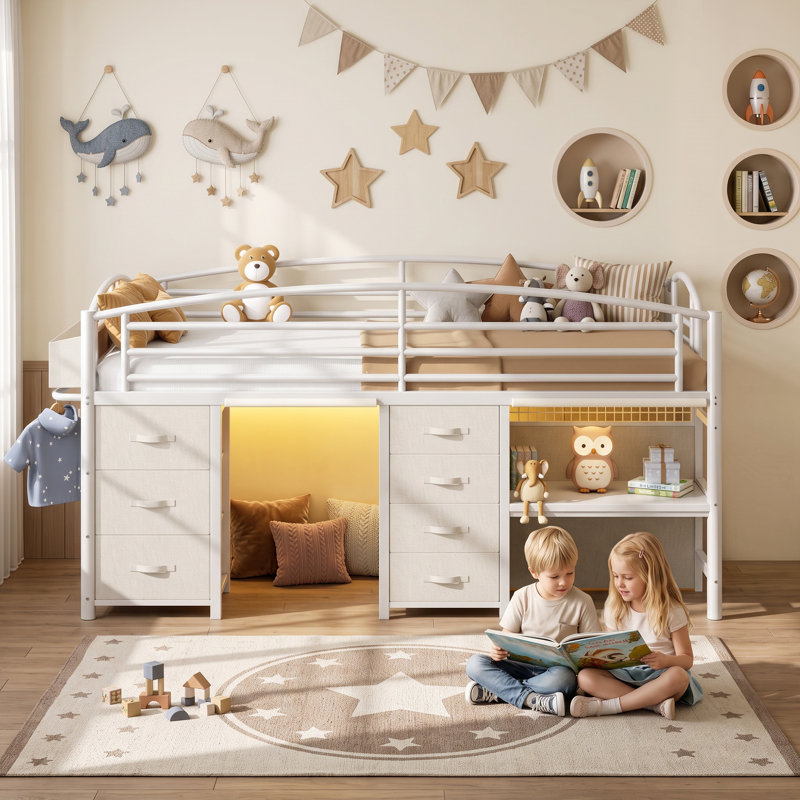 Loft Bed with Built-In Ladder, Blanc