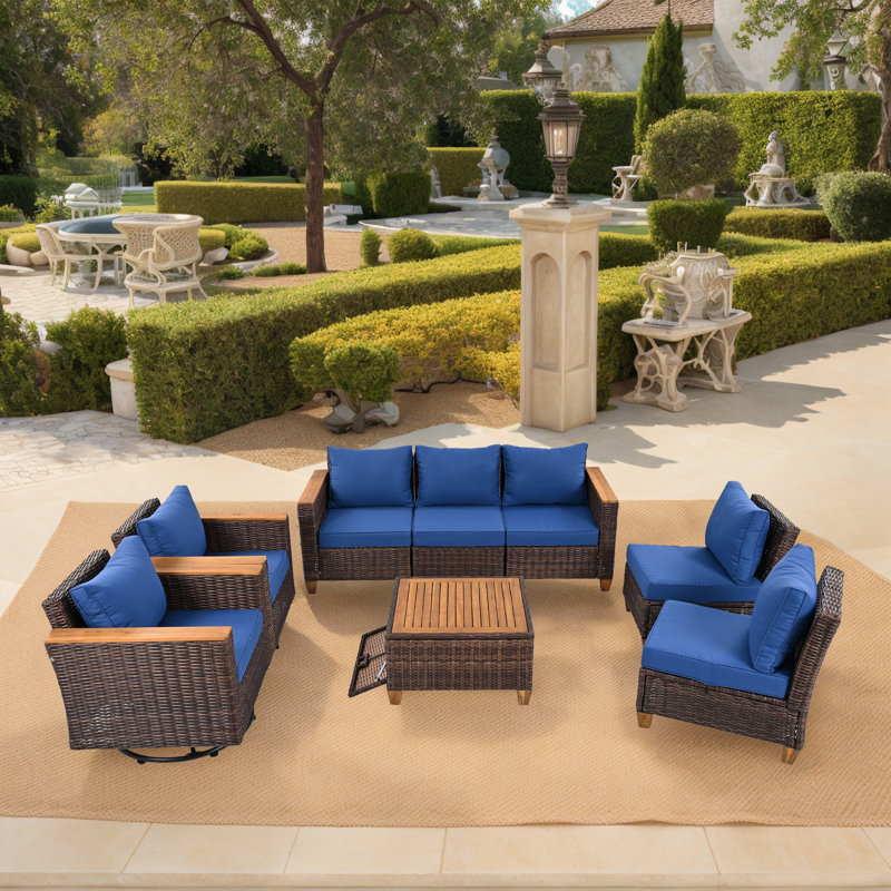 Ensemble de conversation d'extérieur en osier pour 7 personnes avec table basse et chaise berçante, Coussin bleu / cadre brun