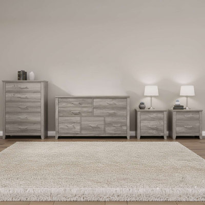 Ensemble de rangement pour chambre à coucher 4 pièces Harmony avec commode grise patinée et 2 tables de chevet assorties