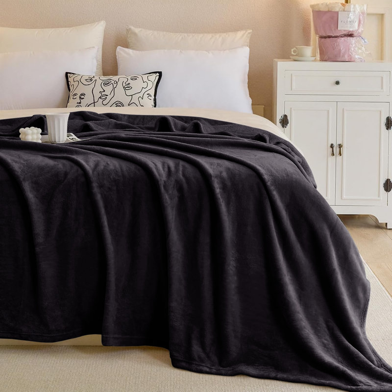 Couverture réversible en fausse fourrure de peluche vison, Simple (60 po x 80 po), Noir