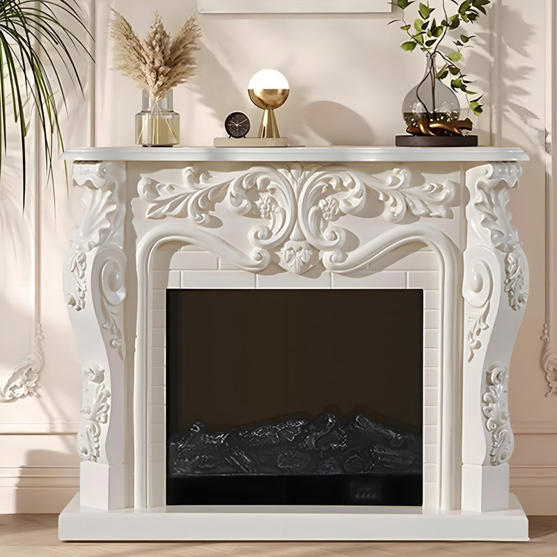 47.64"Modern Solid Wood White Carved Decorative Fireplace Mantel, White