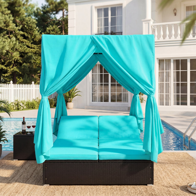 Adjustable Outdoor Sun Lounger with Canopy & Removable Cushion, Multi-Position Reclining Patio Lounge Chair for Garden Poolside