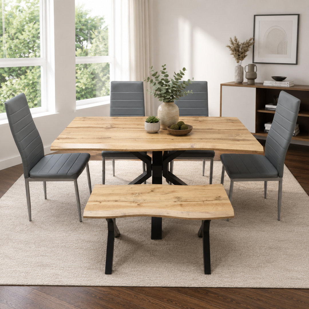 Kosy Koala 6 Seater Dining Set - Grey Faux Leather Chairs - Wooden Table - Industrial X-Legs - Image 4