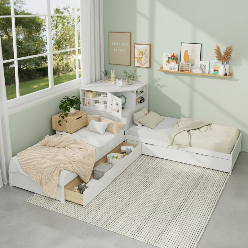 Structure de lit simple en L avec lit gigogne et tiroir en forme de L, lit plateforme en coin bas 3-en-1 lié avec bureau intégré et éclairage vers le bas à DEL, blanc