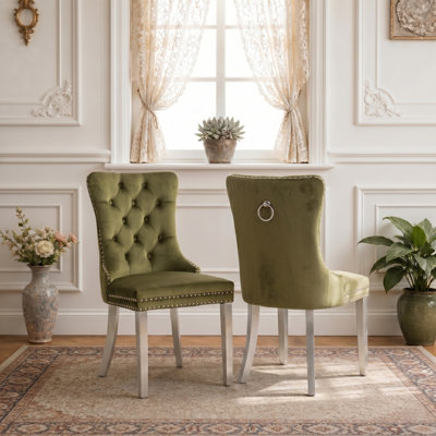 Modern Velvet Upholstered Dining Chair with Tufted Back, Nailhead Trim(Set of 2)