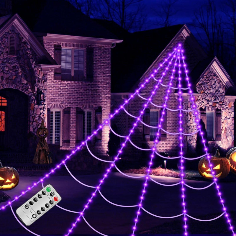 Toile d'araignée plus brillante, décorations d'Halloween, 250 lumières DEL mauves, toile d'araignée géante 16,4 pi 8 modes avec télécommande, imperméable et minuterie, décoration d'Halloween pour l'extérieur