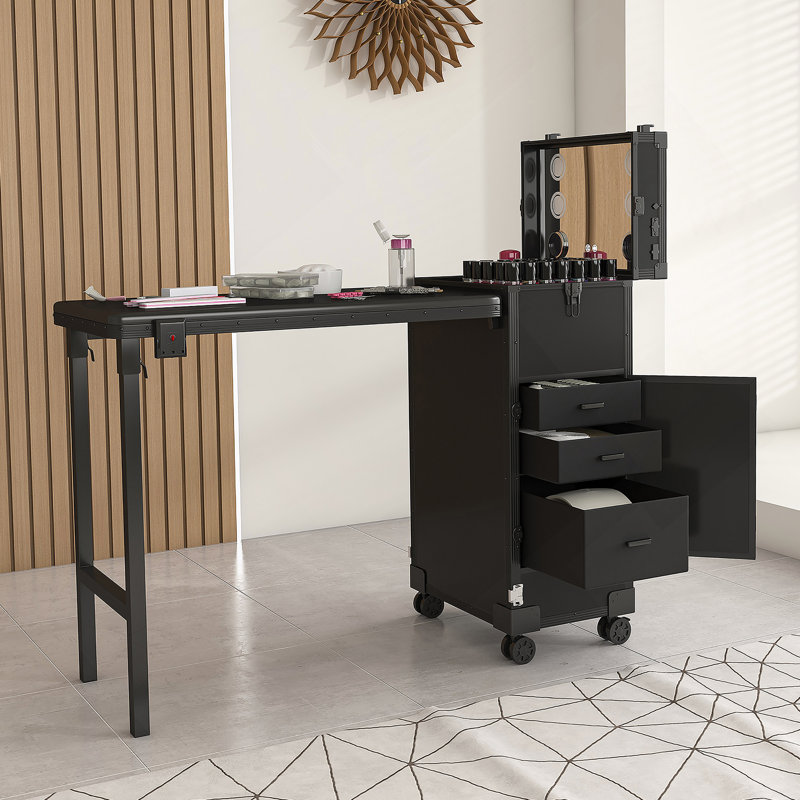Portable Nail Art Table W/ LED Mirror, Bluetooth, Lockable Drawers, Telescopic Pole - Folding Manicure Station For Salons (Black)