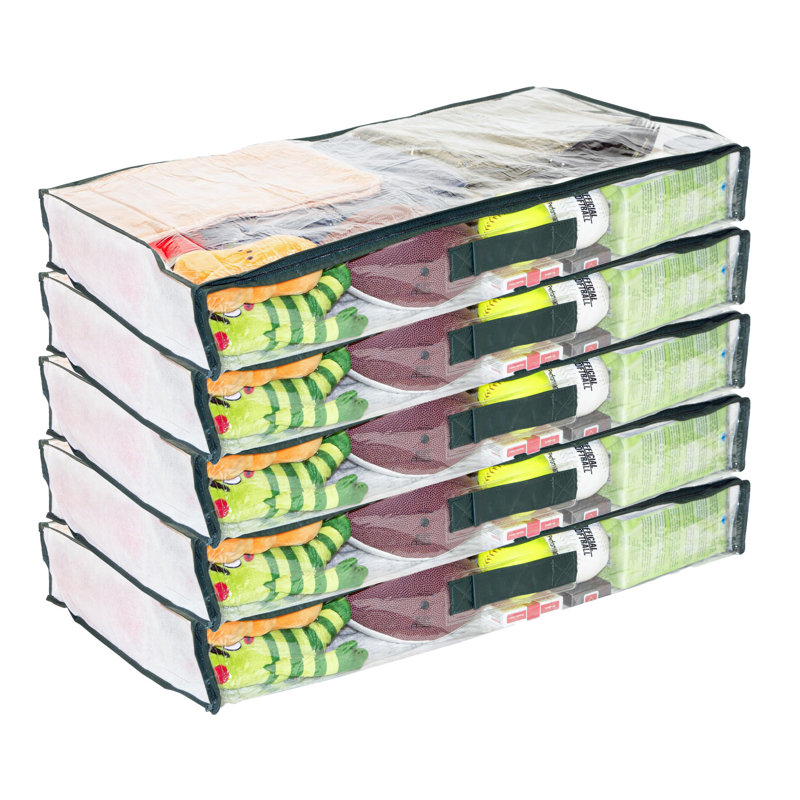 5-Pack Clear Vinyl Zippered Underbed Storage Bags 32 X 16 X 4 Inch With Dark Green Trim, 11 X 14.5 Insert Pocket And Handle
