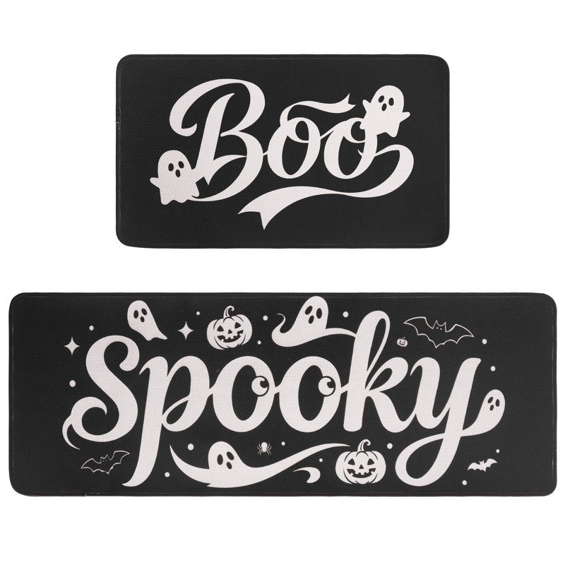Tapis de cuisine d'Halloween en faux lin « Boo & "Spooky" » (lot de 2), noir et blanc