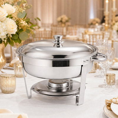 6-Pack 5 QT Stainless Steel Round Chafing Dish Set, Dual Hot/Cold Buffet Warmer, Stackable, Mirror Polish