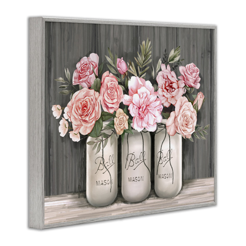 Bouquets de roses roses en fleurs, pots rustiques - peinture, H 24 po x l 30 po, Estampe numérique Farmhouse