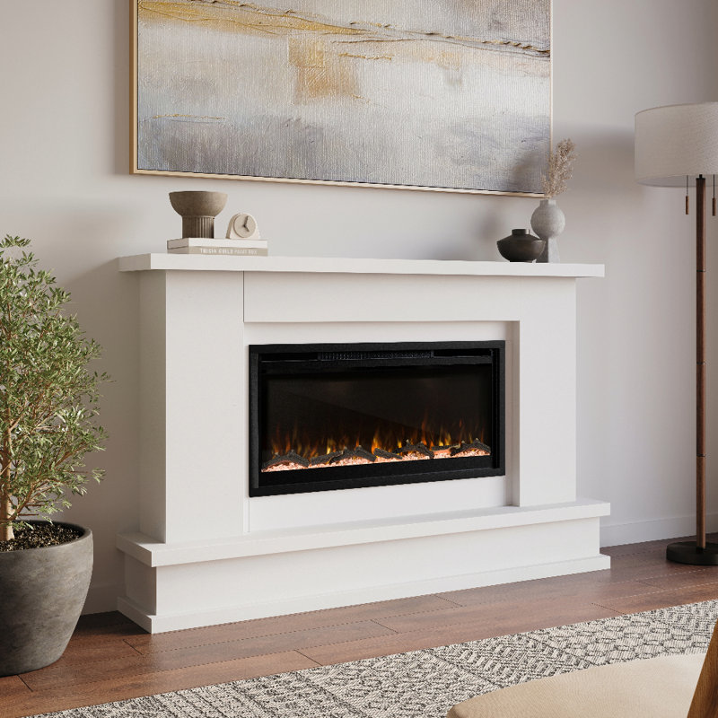 Modern Ember Patton 64" Mantel Package with 42" Electric Fireplace - Works w/ Alexa and Google Asst, White