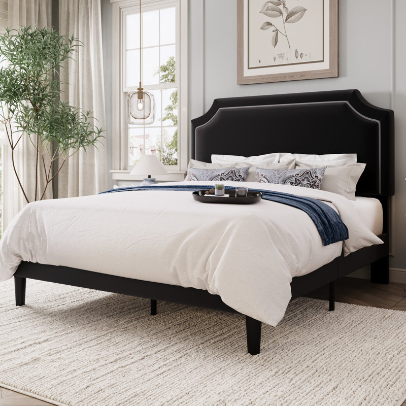 Structure de lit moderne tapissier avec tête de lit ajustable, Lit double, Noir