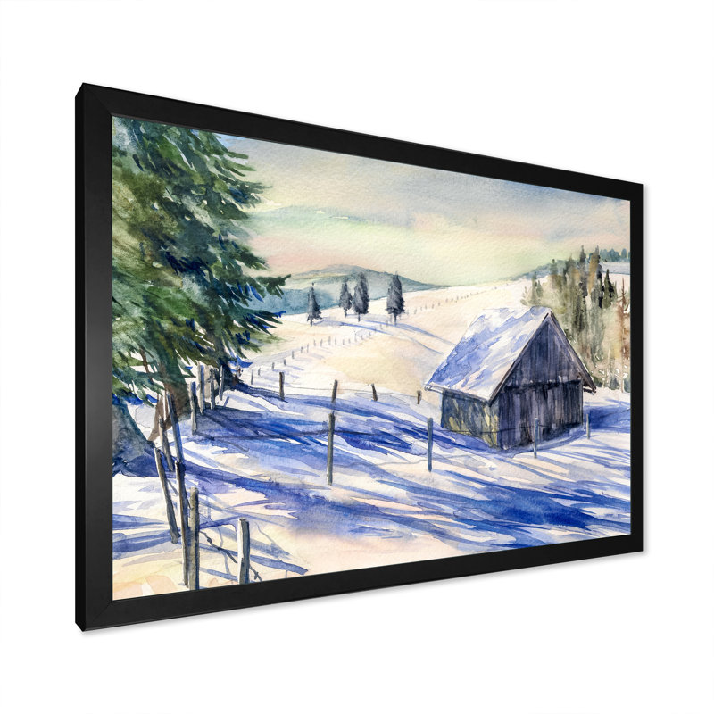 «Cottage In Winter Mountains III», reproduction sur toile encadrée, Cadre noir, H 8 po x l 12 po x P 1 po