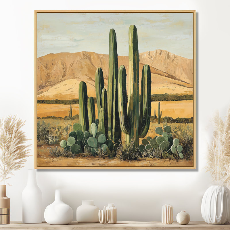Cactus et les montagnes du désert IV - cactus, art mural, H 30 po x l 30 po, Impression encadrée flottante, Crème, crème