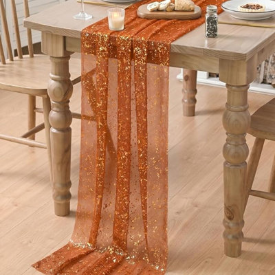 Gauze Table Runner 119 Inch 10Ft, Glitter Metallic Foil Sheer Dining Wedding Anniversary Holiday Birthday Table Decor For Home Party
