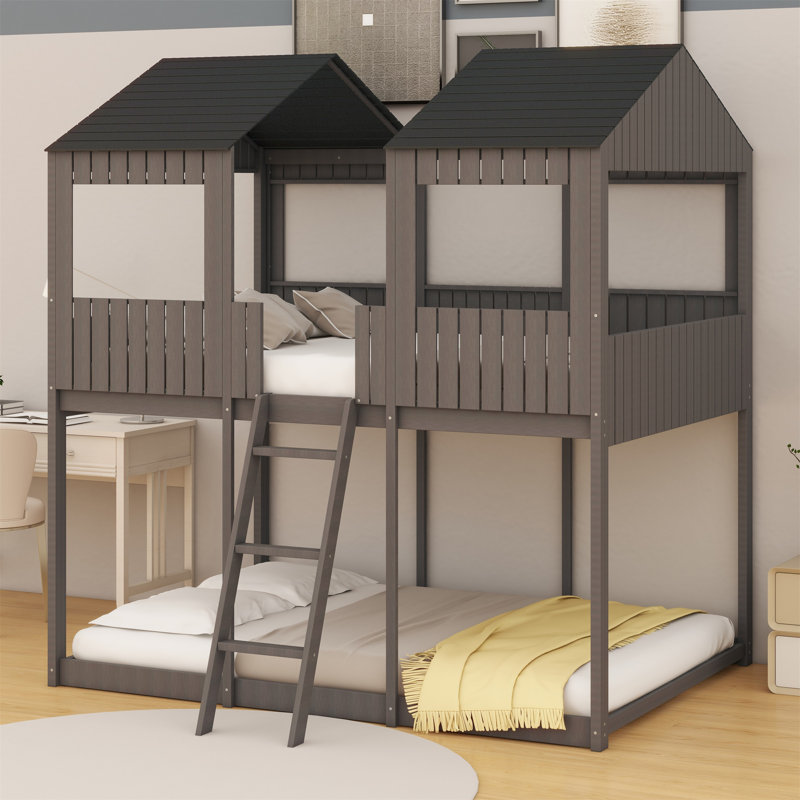 Lit superposé double au-dessus d'un lit double Aleeah Kids, Gris antique