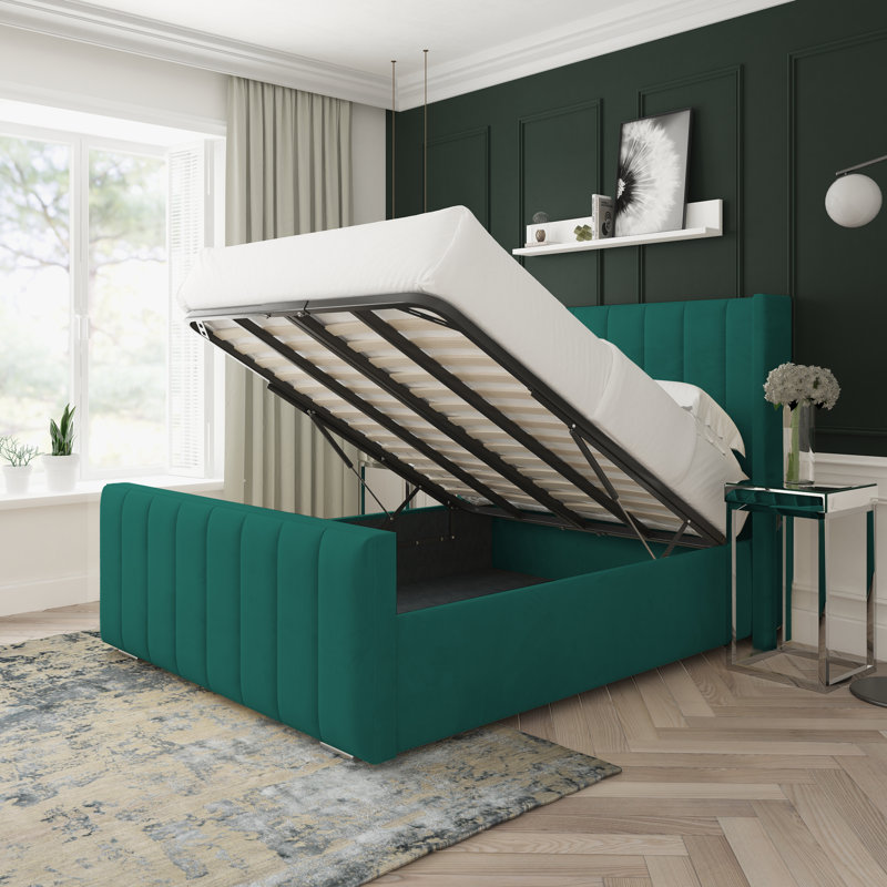 Aspen Plush Velvet Upholstered Ottoman Bed Frame, Small Double (4'), Green