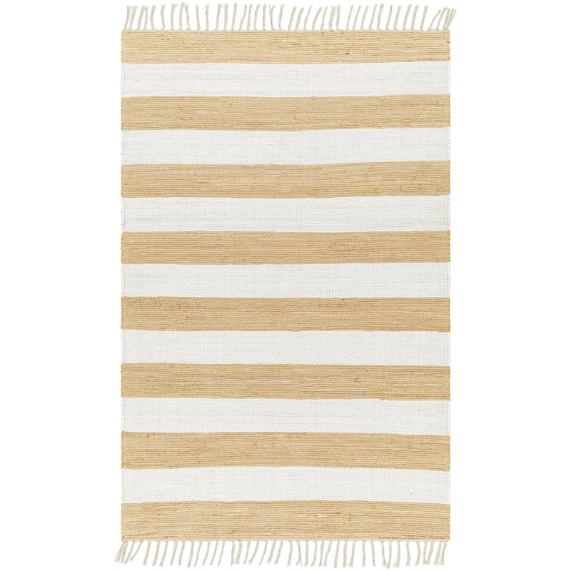Tapis rayé en coton tissé à plat à la main Andreea - jaune / blanc, Rectangle 27 po x 45 po