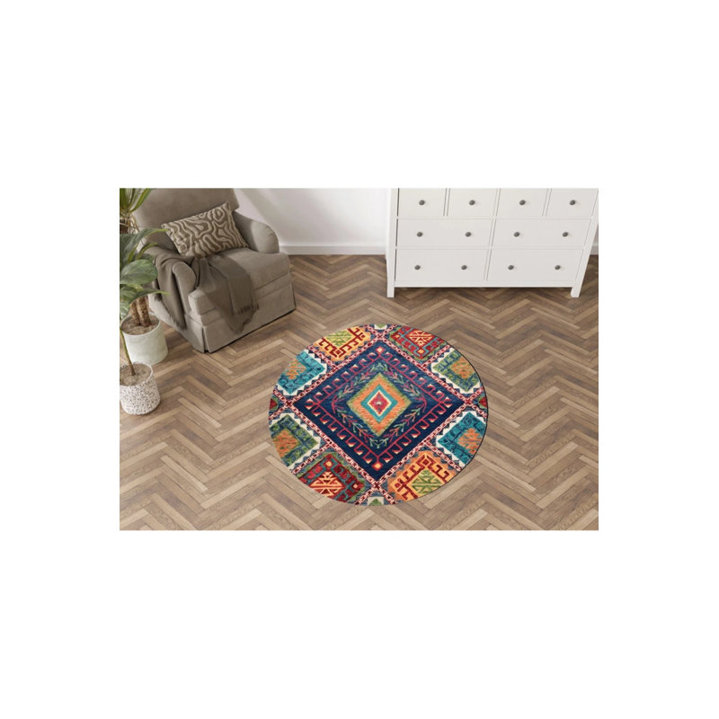 Creative Modern Woven Base Round Decorative Carpet With Multicolored Geometric Shape Pattern, Round 5'